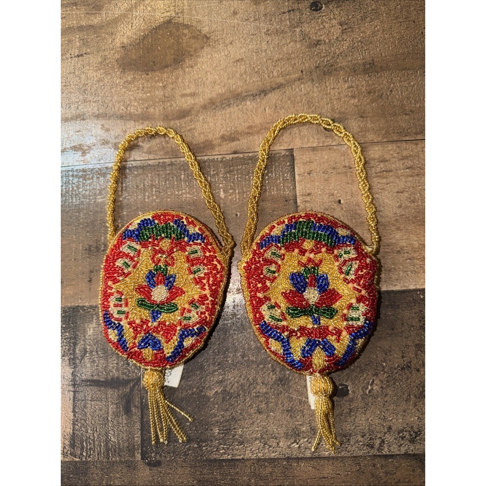 Vtg Set of 2 Beaded Purse Christmas Ornaments Multi Color Seed Bead Tassel Plush